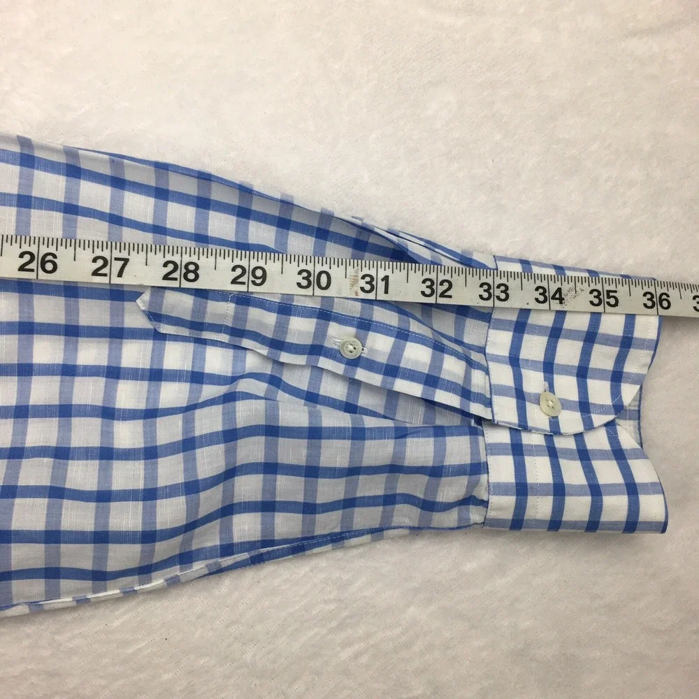 Ledbury Shirt Mens 17.5 Blue/White Checks Slim Fit Cotton/Linen Blend